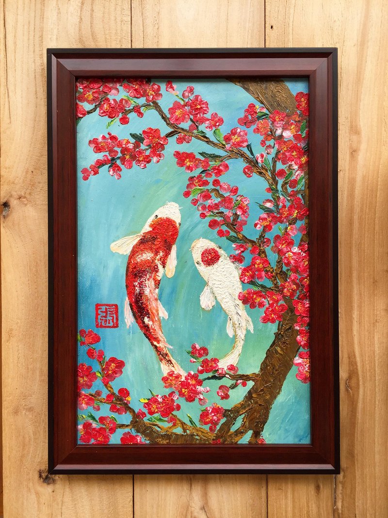 【春日賞鯉】原作厚塗油畫。春季梅花魚塘。中式鯉魚圖。 - 海報/掛畫/掛布 - 棉．麻 