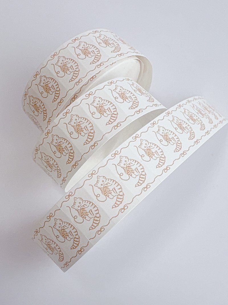 ラベラーシール　猫と毛糸玉　イエローオーカー - ステッカー・シール - 紙 カーキ