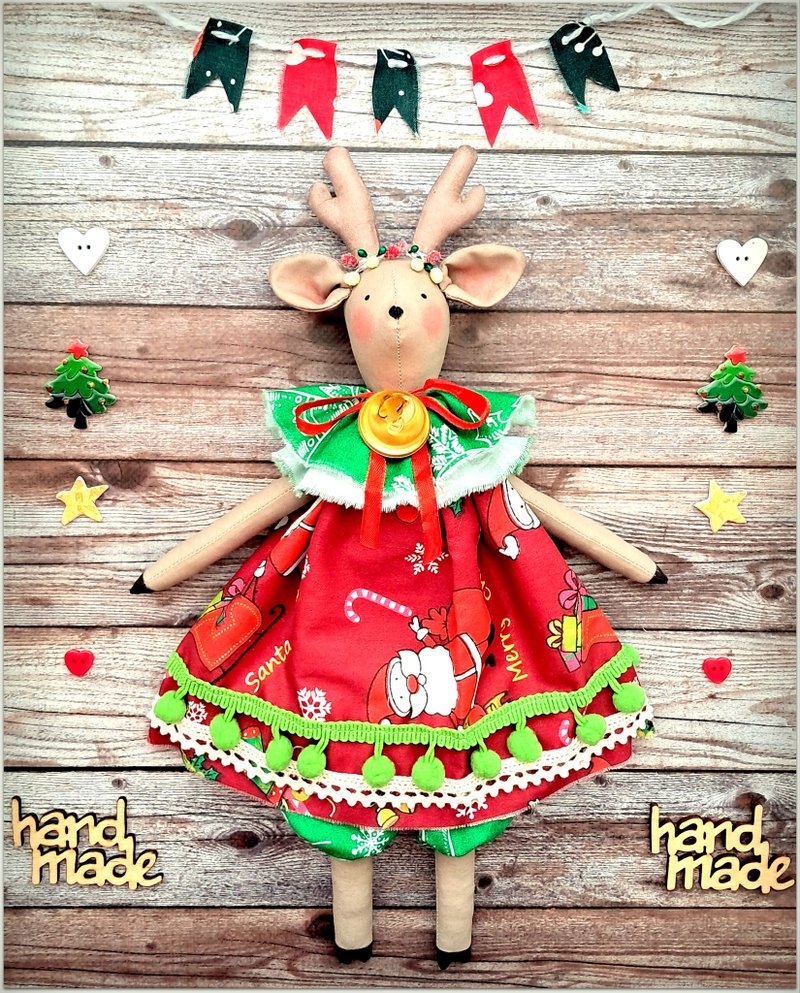 Christmas Deer fabric doll, fawn stuffed doll, heirloom soft doll, cloth doll - 公仔/玩偶 - 棉．麻 紅色