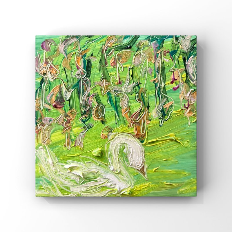 野生の花々に囲まれた優雅な白鳥。豊かな質感のミニチュア4x4インチ油絵 - ポスター・絵 - その他の素材 多色