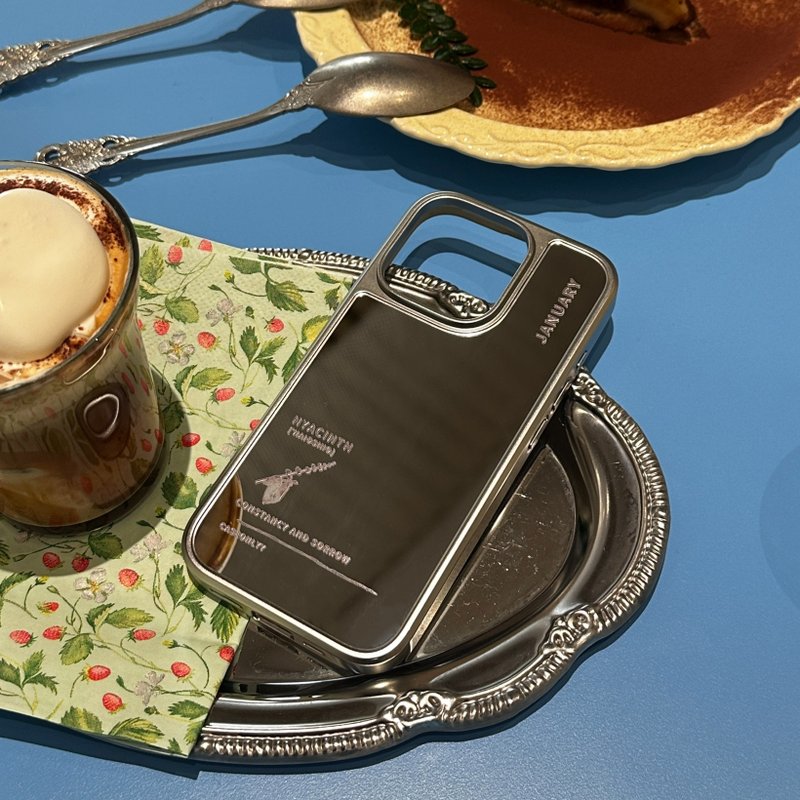 【誕生花系列】January 一月 銀色電鍍框鏡面手機保護殼 - 手機殼/手機套 - 塑膠 銀色