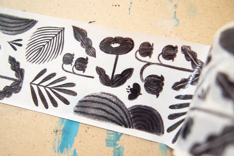 Black Flower Language Series - 4cm paper tape (10m long / white ink) - มาสกิ้งเทป - กระดาษ ขาว