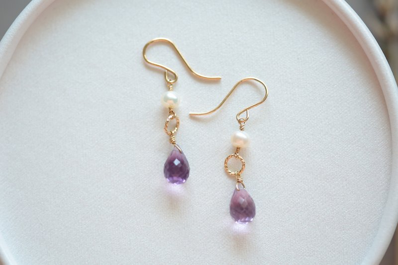 Natural amethyst earrings 14kgf can be changed to clip-on purple wealth sincere gift birthday February - Earrings & Clip-ons - Gemstone Purple