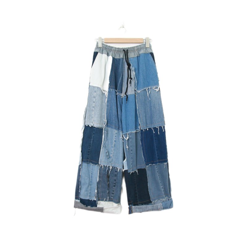 Back to Green-再製拼接褲 深淺牛仔拼布//p-02 vintage pants - 男長褲/休閒褲 - 棉．麻 