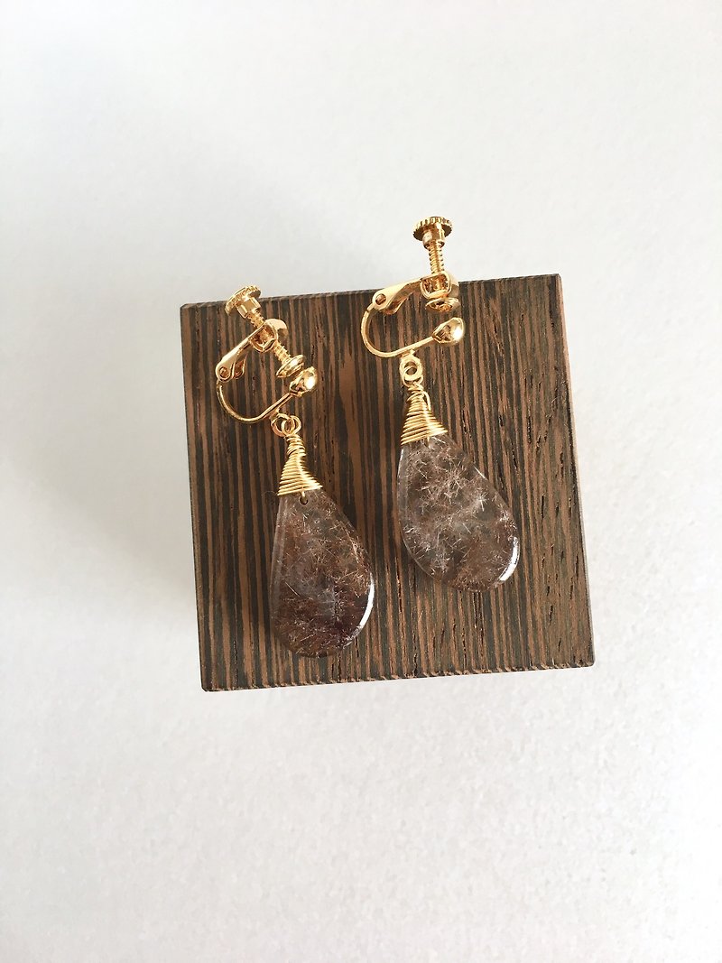 Rutilated quartz Clip-earring - ต่างหู - หิน สีนำ้ตาล