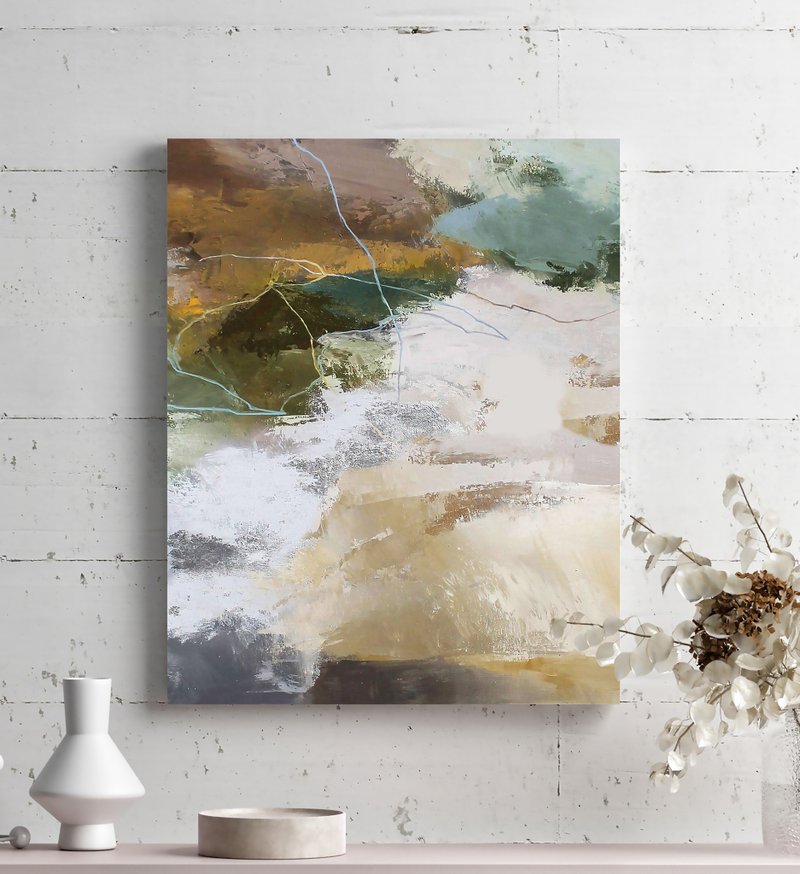 Green Abstract Painting | Abstract Art Canvas Green Gray Brown | Green Glory 3 - 壁貼/牆壁裝飾 - 棉．麻 綠色