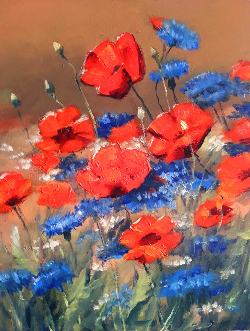 Original oil painting. Wild flowers. Red poppieson - 壁貼/牆壁裝飾 - 其他材質 