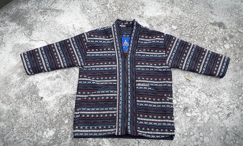 AMIN'S SHINY WORLD手工訂製KIMONO黑藍民族提花細紋罩衫大衣外套拉鏈款 - 外套/大衣 - 棉．麻 多色