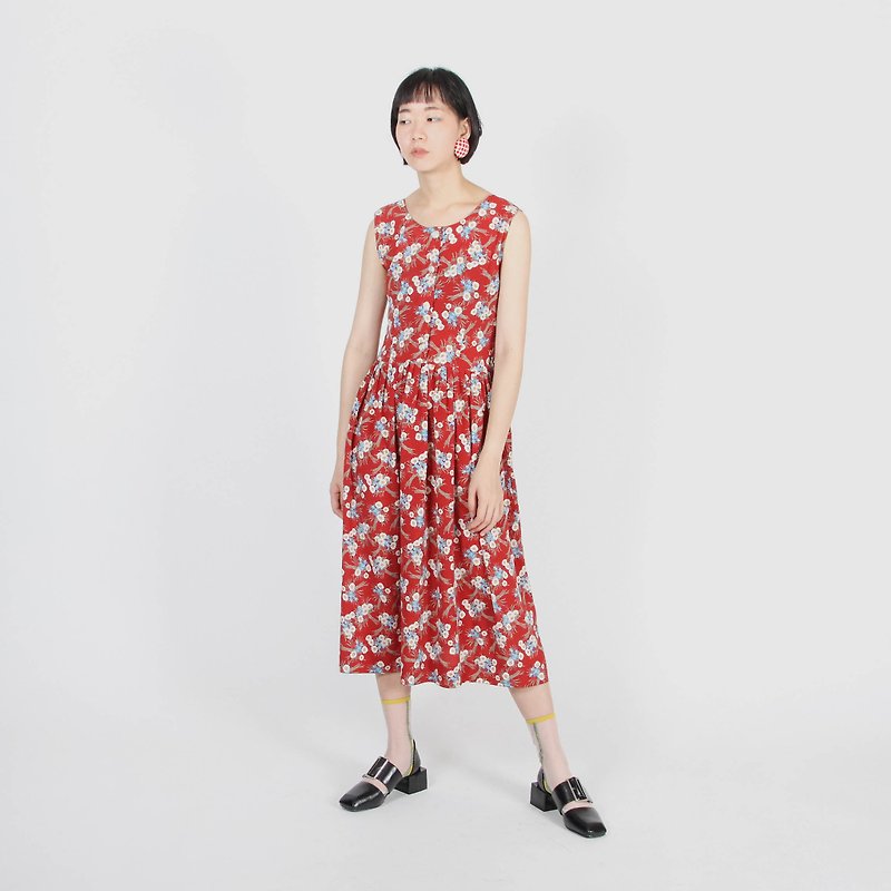 [Egg plant vintage] magenta heat print sleeveless vintage dress - One Piece Dresses - Polyester Red