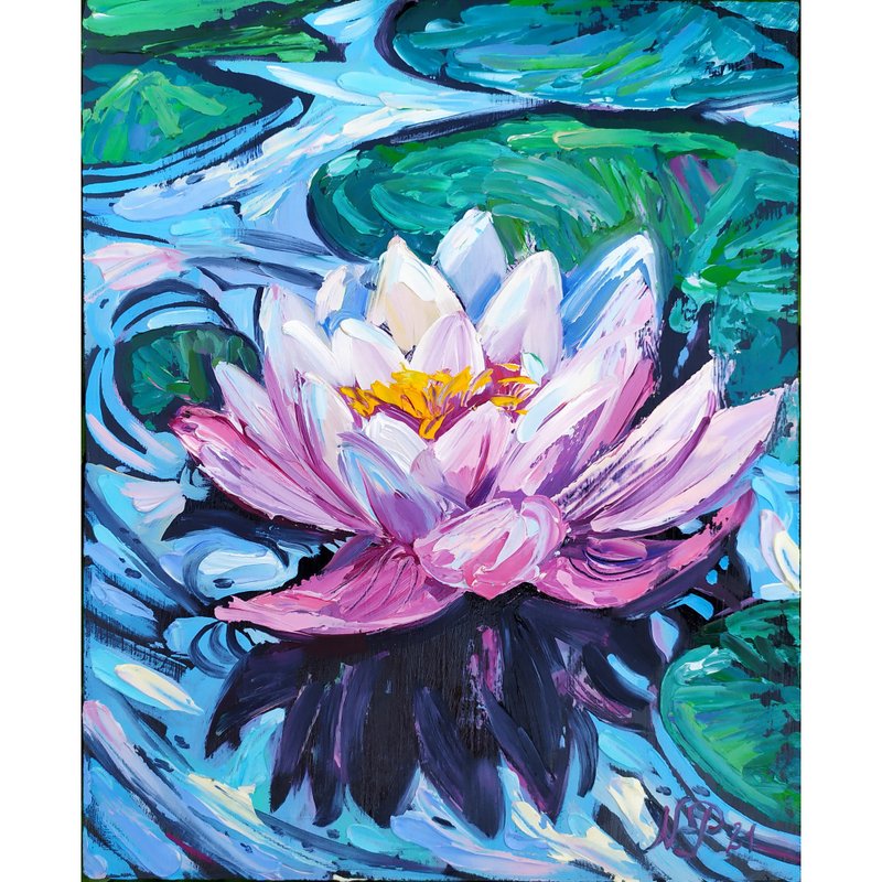 Water Lily painting Lotus Original Art Floral Artwork impasto oil painting - 海報/掛畫/掛布 - 其他金屬 多色