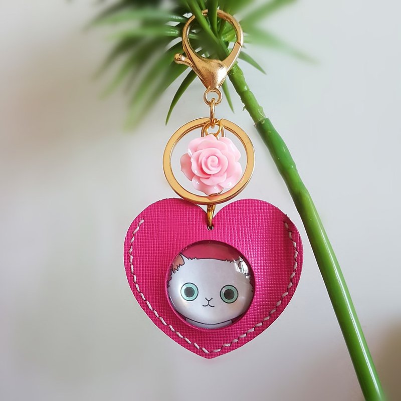 定制 毕业礼物 猫咪 真皮鑰匙圈  可刻字 放入相片 钥匙扣 鑰匙包 - 鑰匙圈/鑰匙包 - 真皮 粉紅色