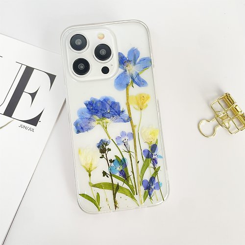 FeimeiPresents 冰藍色飛燕草花 手作押花手機殼 適用於iPhone Samsung Sony全系