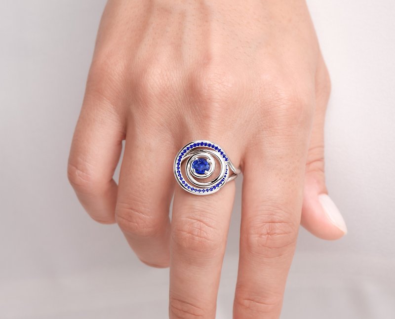 藍寶石螺旋求婚訂婚鑽石戒指套裝 14k白金圓環新娘結婚2合1指環 - 戒指 - 貴金屬 藍色