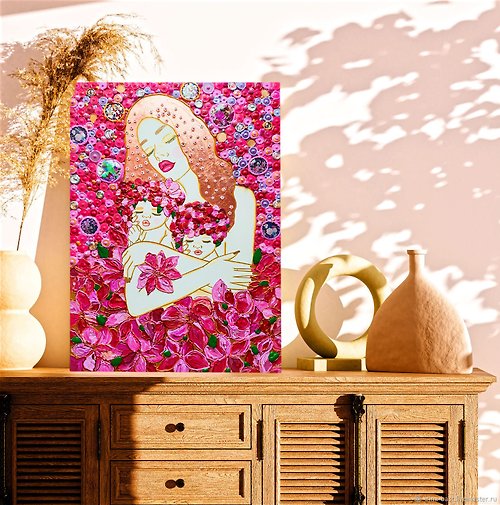 HOUSE-of-the-SUN-Art Original painting mosaic wall art home decor Mother Daughters. Floral pink art