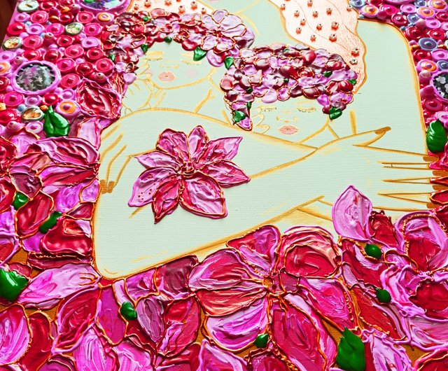 オリジナルの絵画モザイクウォールアート家の装飾母娘。花のピンクの