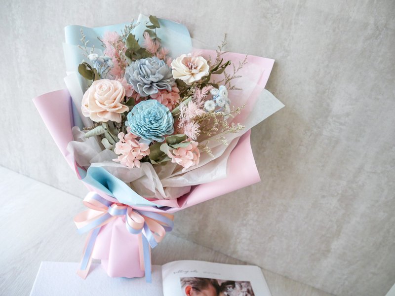 中型乾燥花束【寧靜粉藍】生日花束/結婚登記/告白/畢業花束/七夕 - 乾燥花/永生花 - 植物．花 粉紅色