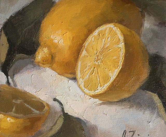 レモン絵、キッチン用フルーツ油絵、小さな油絵静物 - ショップ Oil 