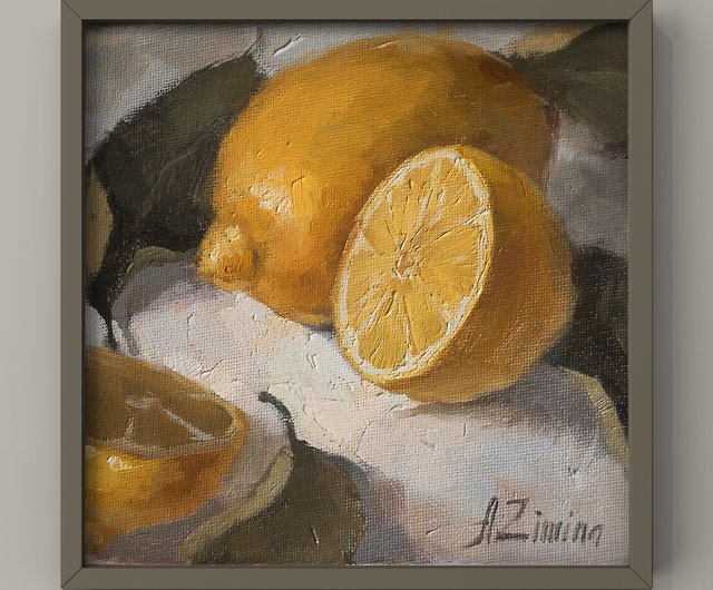 レモン絵、キッチン用フルーツ油絵、小さな油絵静物 - ショップ Oil 