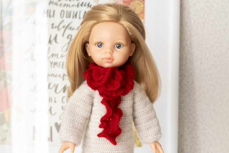 Openwork scarf for dolls, doll clothes, 娃娃衣服 针织围巾 给我女儿的礼物 人形 娃娃配件 娃娃 冬季服装 - 寶寶/兒童玩具/玩偶 - 羊毛 紅色