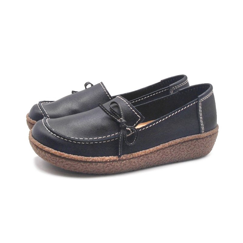 W&M side bow loafer casual shoes for women - black - รองเท้าอ็อกฟอร์ดผู้หญิง - หนังแท้ 