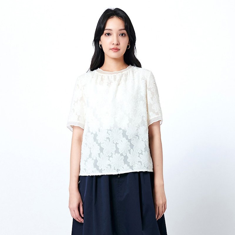 KeyWear 時尚花朵羅紋短袖上衣-白-0AF00135 - T 恤 - 聚酯纖維 白色