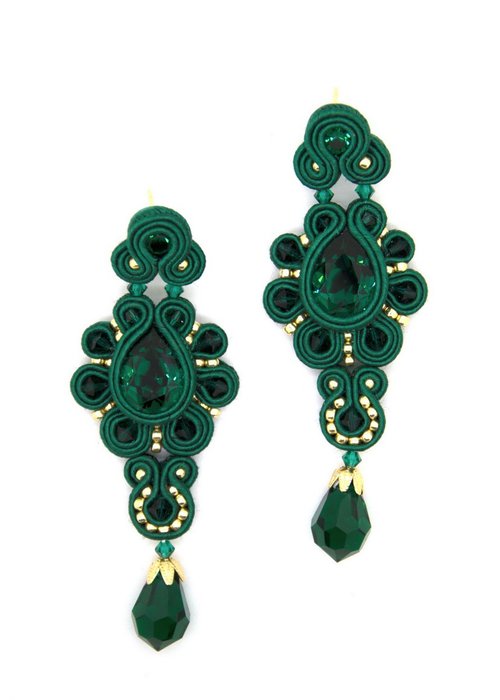 Olga Sergeychuk jewelry Earrings Hand embroidered drop earrings with Swarovski stones in emerald colorCh