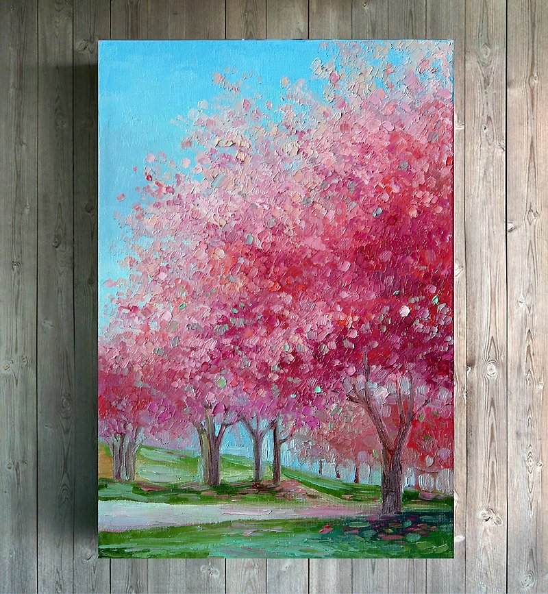 Cherry blossom trees Original oil painting Impressionist impasto art Sakura art - Wall Décor - Other Materials Pink