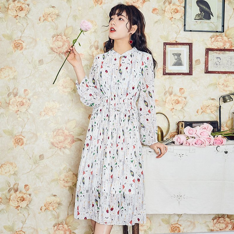 2019 women's spring wear wrinkle fun print dress skirt HTYS-9909 - One Piece Dresses - Polyester White