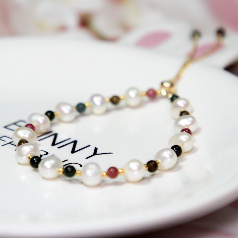 Freshwater Pearl Natural Rainbow Tourmaline Design Bracelet Adjustable with Positioning Bead Extension Chain Bronze Plated 14K Gold - สร้อยข้อมือ - ไข่มุก 