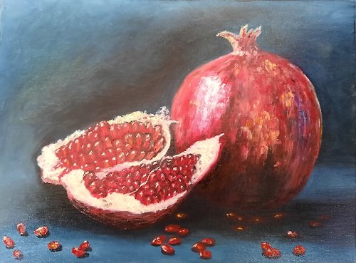 GATOULART by Elena Anufriyeva Pomegranates oil painting, still life home decor, red fruit handmade wall art