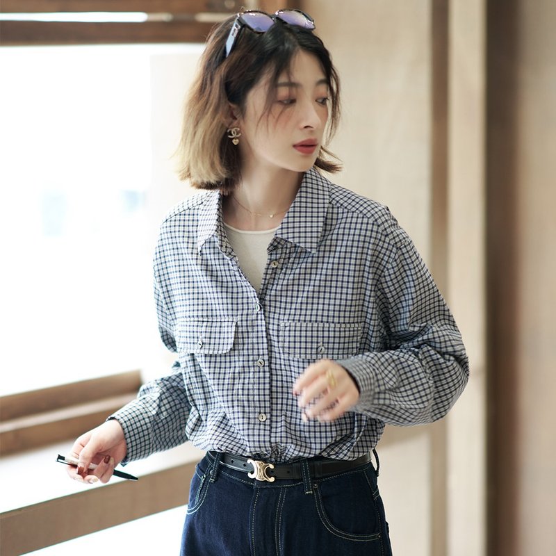 文藝復古格紋襯衫|襯衫|兩色|夏秋款|Sora-1298 - 女襯衫 - 棉．麻 多色