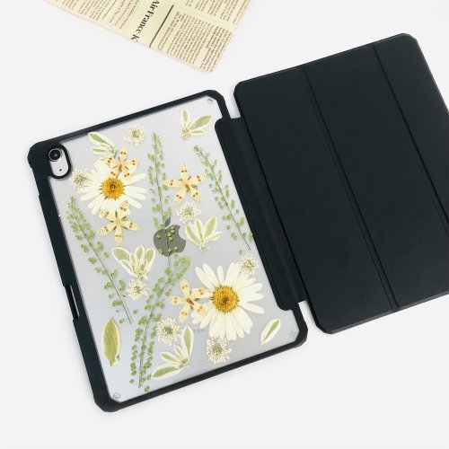 FeimeiPresents 白花綠葉手工押花iPad外殼 iPad Air 11寸13寸iPad Pro11寸13寸