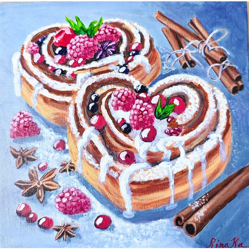 Shaped Cinnamon Rolls With Berries Original Acrylic Food  Painting By RinaArtSK - Wall Décor - Other Materials Multicolor