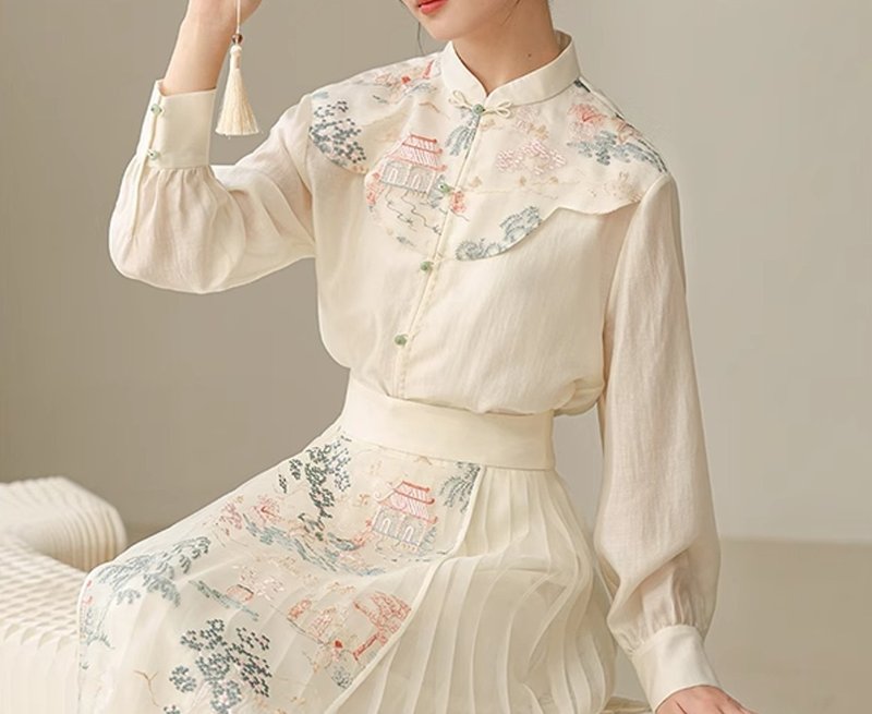 New Chinese retro Chinese style floating embroidered pleated top/skirt - ชุดเดรส - วัสดุอื่นๆ ขาว