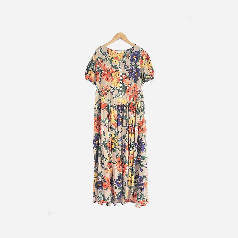 Dislocation vintage / flower print round neck dress no.849 vintage - One Piece Dresses - Cotton & Hemp Orange