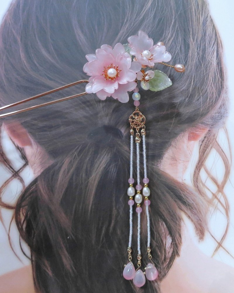 レモン手作りヘアアクセサリー 雪ピンク牡丹かんざし/簪/かんざしにもできます(タッセルは取り外し可能) - ヘアアクセサリー - ステンドグラス ピンク