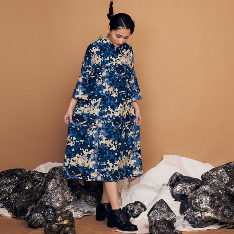 The Breath of Universe Cross-Over Collar Dress_Moon Rock - One Piece Dresses - Cotton & Hemp Blue