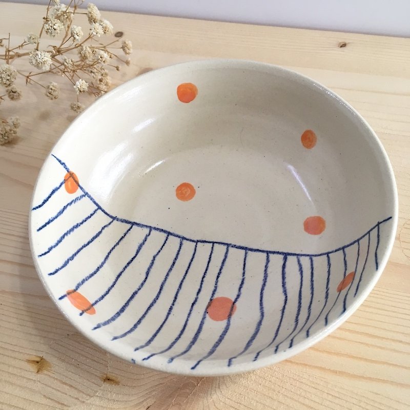 陶器ボウル - 手描きのライン - 茶碗・ボウル - 陶器 オレンジ