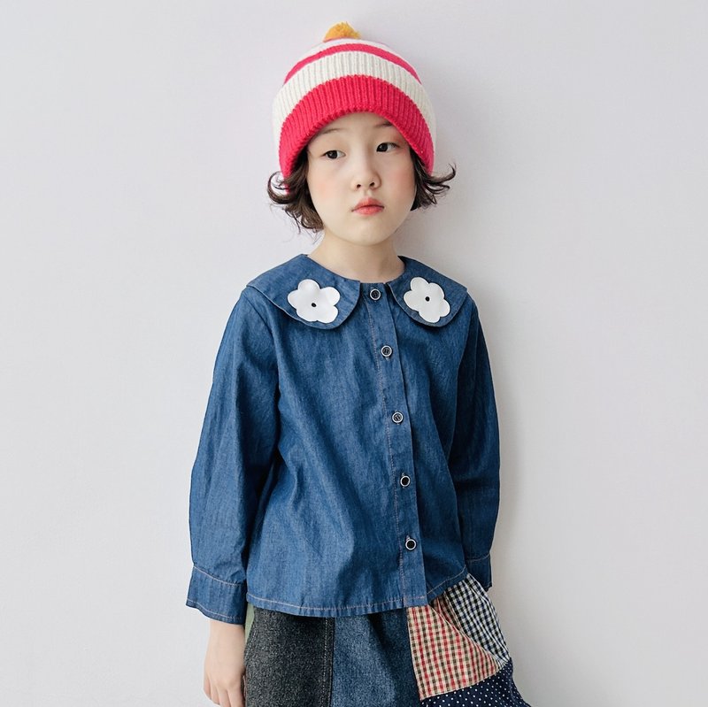 Lapel small flower washed denim jacket/children's clothing - Tops & T-Shirts - Cotton & Hemp White