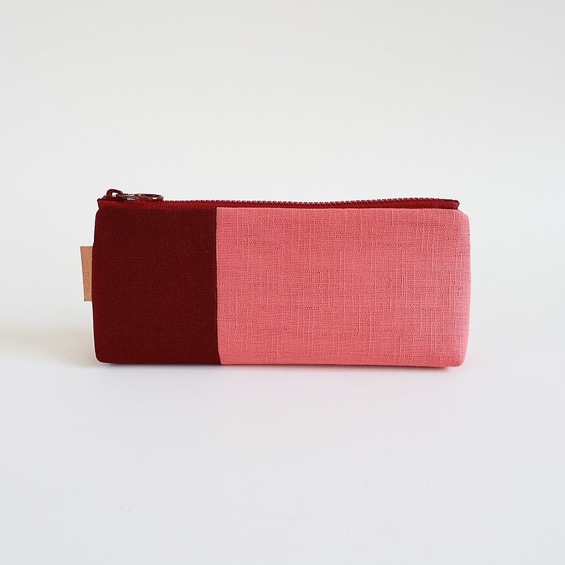 手縫いエンジ×ピンク2色ステッチペンシルバッグ - ペンケース・筆箱 - コットン・麻 レッド
