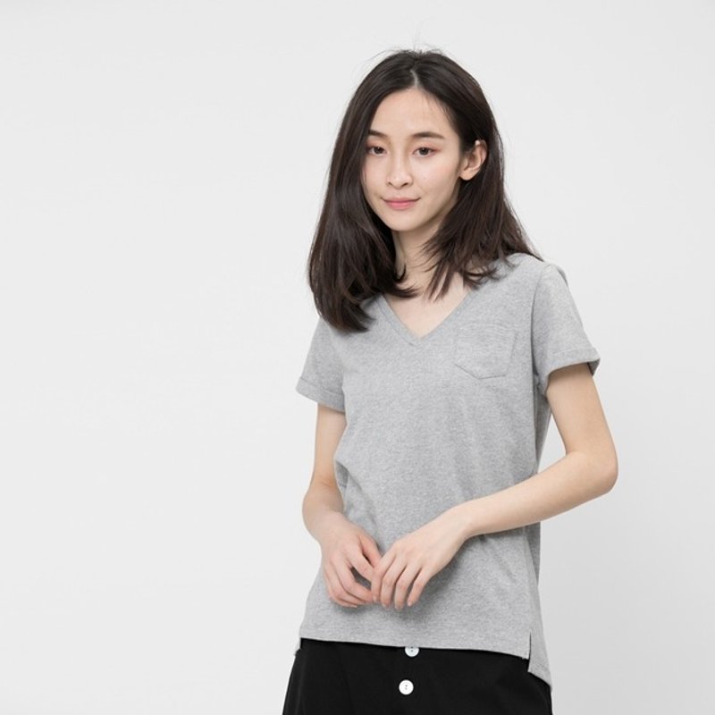 Dry hand feel fabric V-neck Swallow tail T-shirt /Gray - เสื้อยืดผู้หญิง - ผ้าฝ้าย/ผ้าลินิน สีเทา