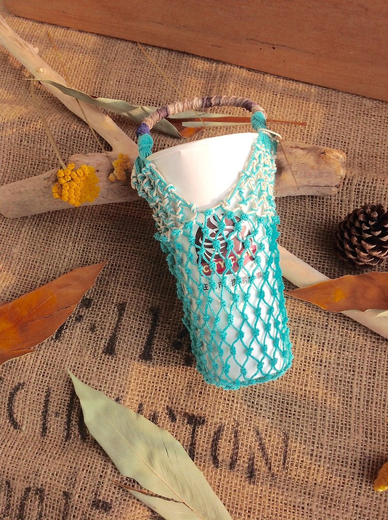American hand-woven twine / lake blue + white / hand cup / glass bottle / coffee cup / thermos - ถุงใส่กระติกนำ้ - ผ้าฝ้าย/ผ้าลินิน หลากหลายสี
