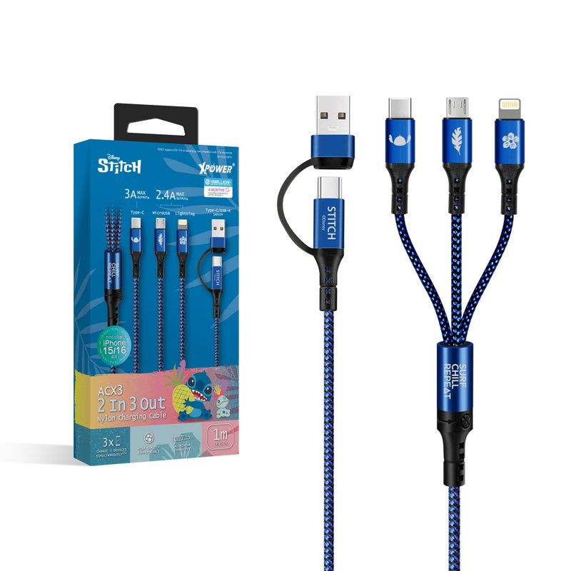 XPower x Stitch Series ACX3 2 out of 3 high speed charging braided cable - Chargers & Cables - Other Metals Blue