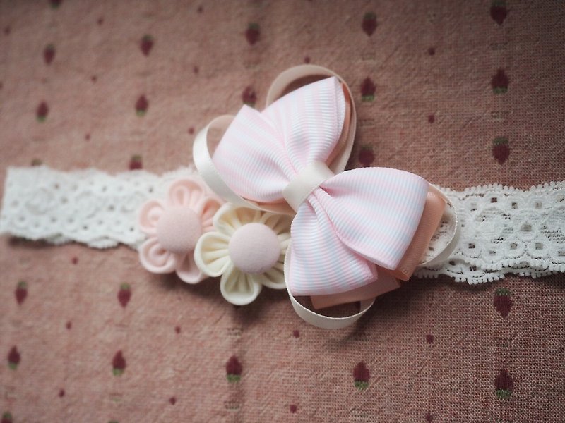 Handmade pink stripe ribbon bow baby/ kid headband/ hair accessory - Bibs - Cotton & Hemp Pink