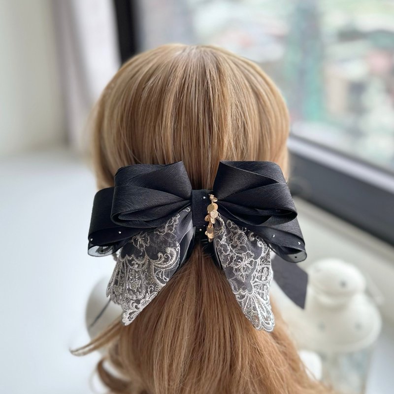 Exclusive lace bow intersecting clip banana clip fairy clip hair clip - black - เครื่องประดับผม - วัสดุอื่นๆ สีดำ