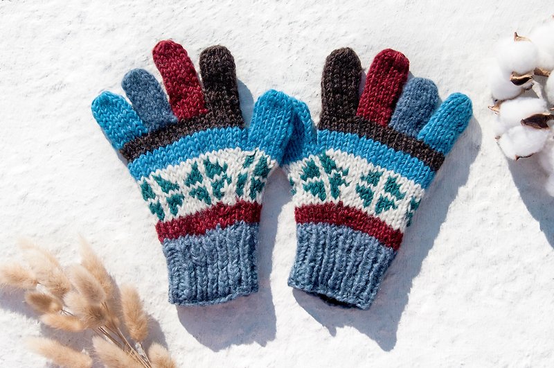 Hand Knitted Wool Knitted Gloves/Knitted Pure Wool Warm Gloves/Full-toed Gloves- Teal Nordic Fair Isle - ถุงมือ - ขนแกะ หลากหลายสี