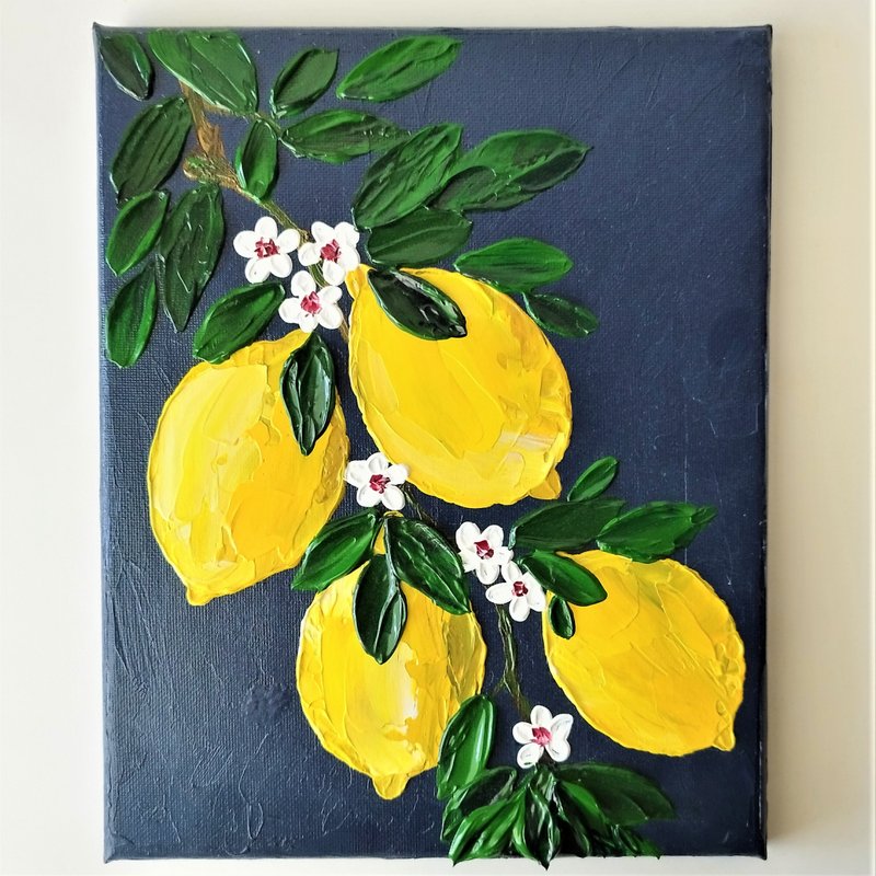 Original Lemon Textured Acrylic Painting Fruit Art on Canvas - ตกแต่งผนัง - อะคริลิค หลากหลายสี