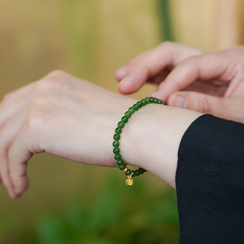 Rijin Doujin natural Hetian jade jasper bracelet Weishiyang green 24k ancient yellow foot gold femininity beads - สร้อยข้อมือ - เครื่องเพชรพลอย 