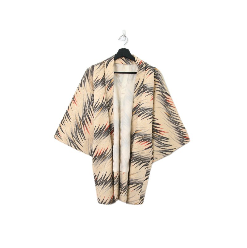 Back to Green-日本帶回羽織 風草金蔥 米白kb-68/vintage kimono - 女大衣/外套 - 絲．絹 