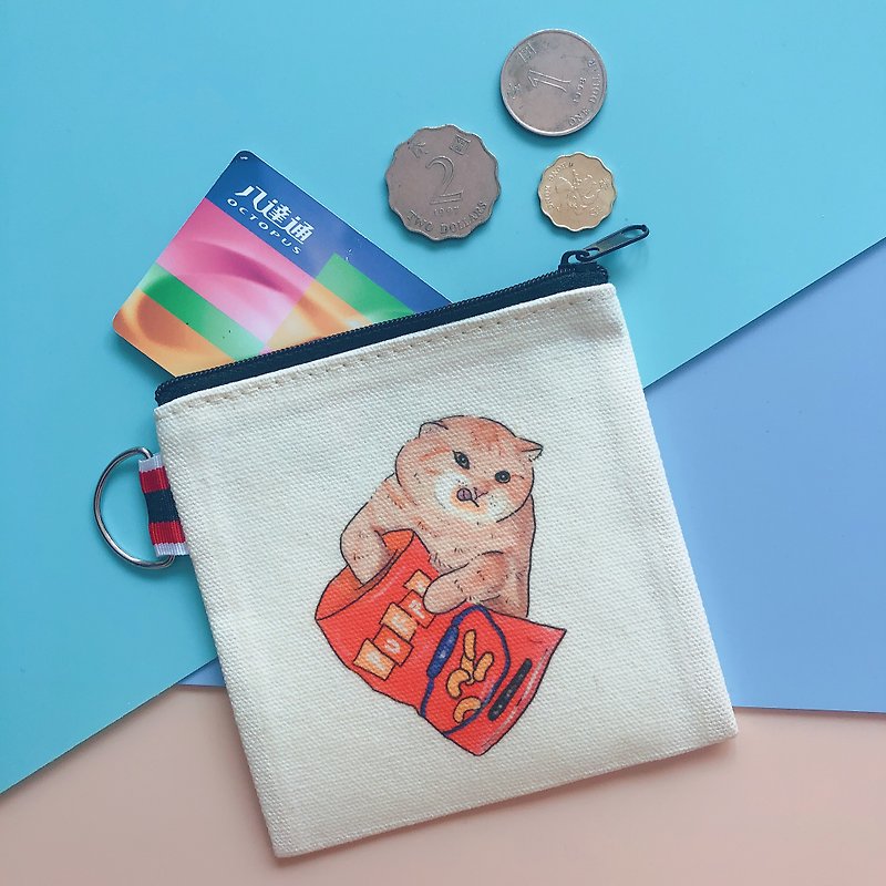 Greedy cat coin purse - กระเป๋าใส่เหรียญ - ผ้าฝ้าย/ผ้าลินิน ขาว